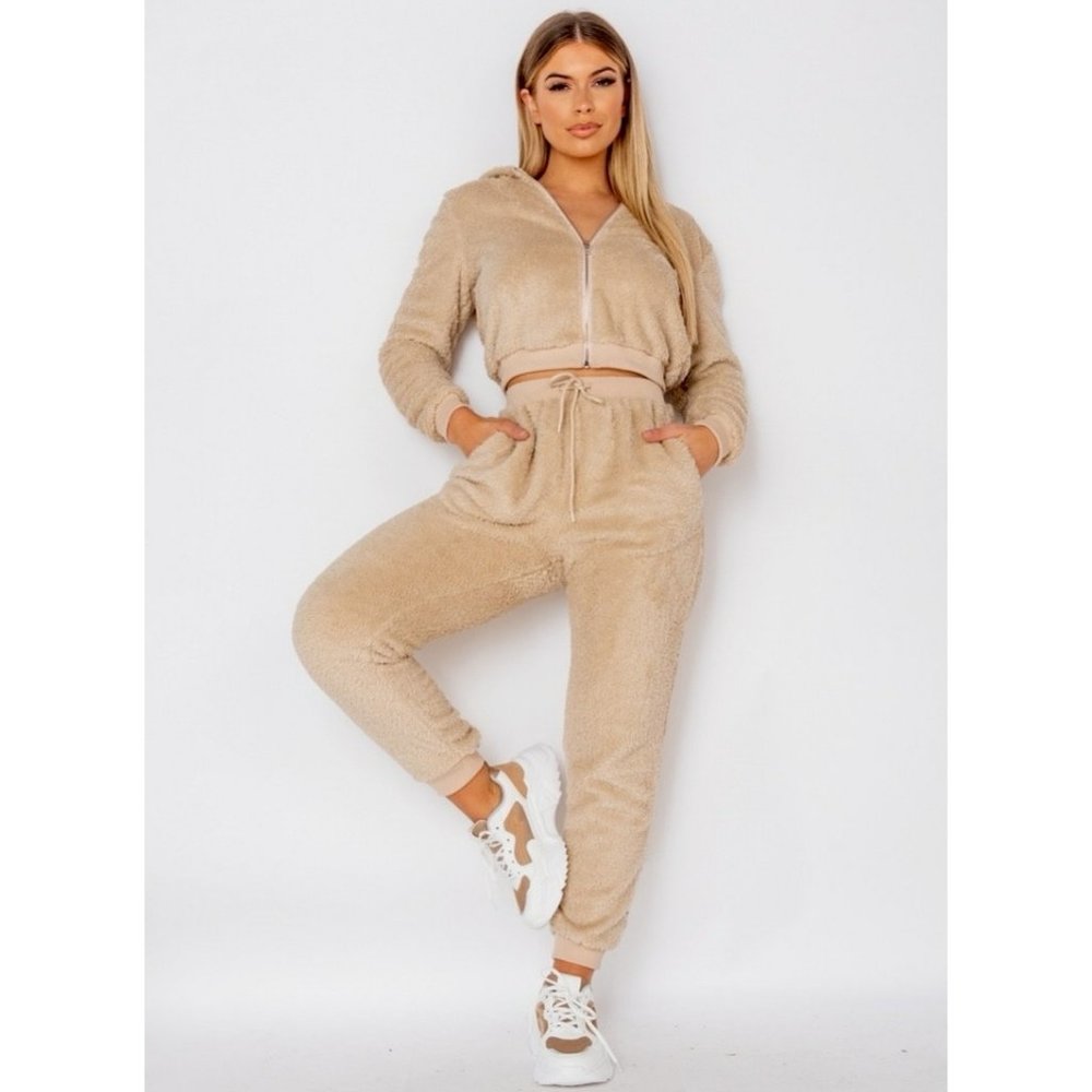 Beige Teddy Bear Fur Long Sleeve Hooded Crop Top and Jogger Pants Two Piece Set - Picture 2 of 11